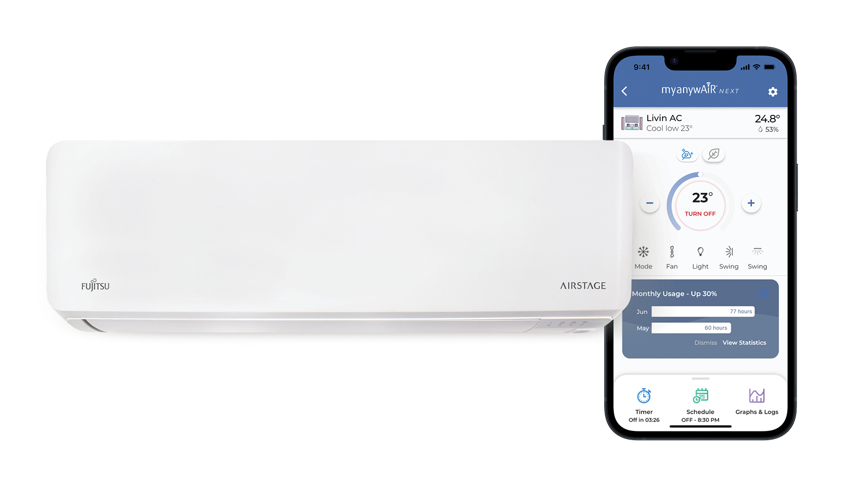 A Fujitsu air conditioner and an iPhone with the myanywAiR Next app open on the screen